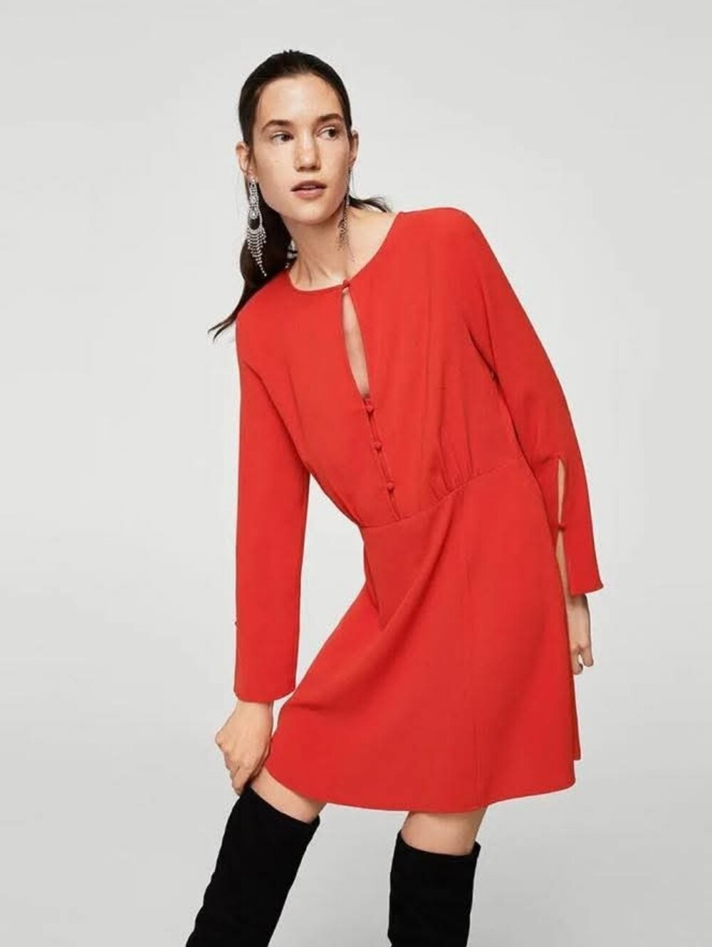 MNG by Mango Coral Dress Size L Mini Long Sleeves Buttons & Zipper Closure Sexy
